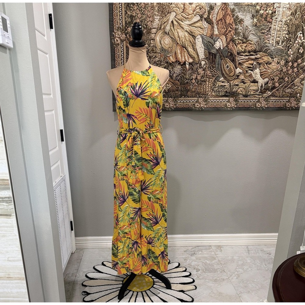 DO+BE Jumpsuit Womens Medium Yellow Tropical Floral Halter Wide Leg Backless